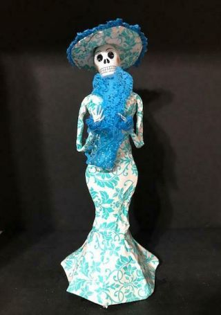 Day Of The Dead Catrina Doll Blue Paper Mache Mexico Blue Dress Hat