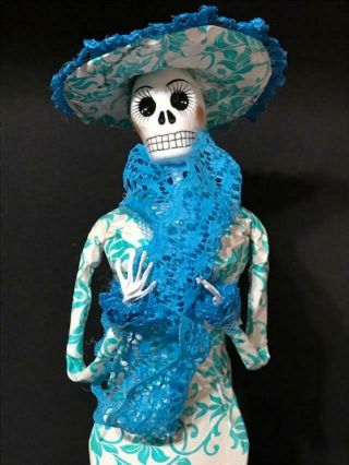 Day of the Dead Catrina Doll Blue Paper Mache Mexico Blue Dress Hat 2