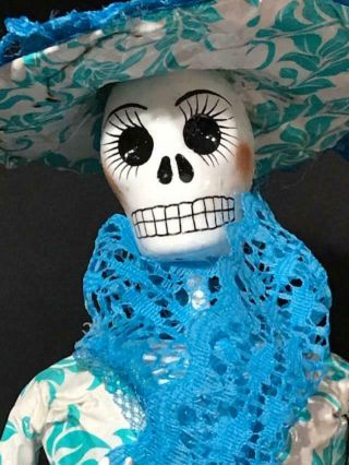 Day of the Dead Catrina Doll Blue Paper Mache Mexico Blue Dress Hat 3