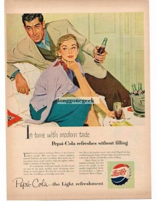 1953 Pepsi - Cola Soda Fashionable Man And Woman Enjoying Drinks Art Vtg Print Ad