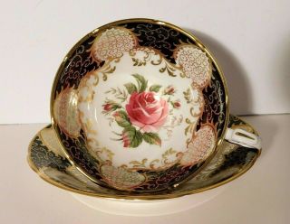 Vtg.  Paragon Pink Rose With Black & Gold Border Tea Cup And Saucer