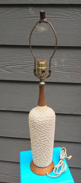 Vintage Mid - Century Faip F.  A.  I.  P.  Raised Flower Ceramic & Wood Table Lamp