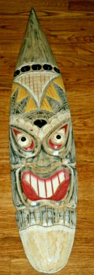 Vintage Hand Carved And Painted Wood Tiki God Surfboard 39.  5 Long 