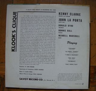 Kenny Clarke Klook ' s clique LaPorta - D.  Byrd - R.  Ball Savoy mono DG red RVG 2