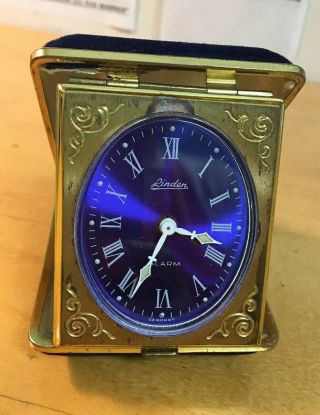 Vintage Linden Travel Wind Up Alarm Clock - Blue Face & Blue Velour Case -