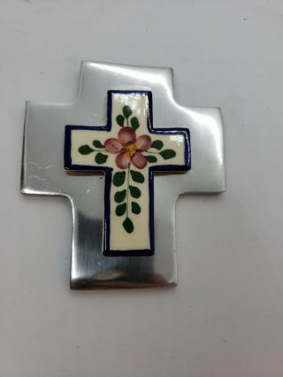 Small Mexican Talavera Ceramic And Pewter Wall Cross Crucifix 4.  25 Inches Tall