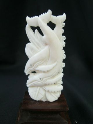 Unusual Hand Carved Buffalo Bone Scrimshaw Statue Of Whales On Wood Base