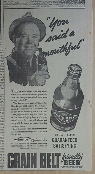 1939 Newspaper Ad For Grain Belt Beer - You Said A Mouthful Man With Bottle