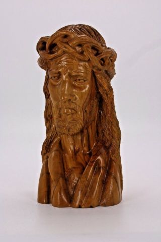 Olive Wood Hand Carved Vtg 9 " Jesus Christ Thorns Crucifixion Head Bust Figure