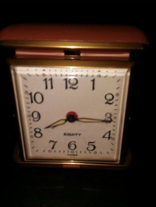 Vintage Equity Wind Up Travel Alarm Clock Brown Brass Trim