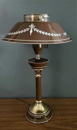 Vintage Tole Ware 60s Table Lamp Metal Brown Gold Cottage Farmhouse Shabby