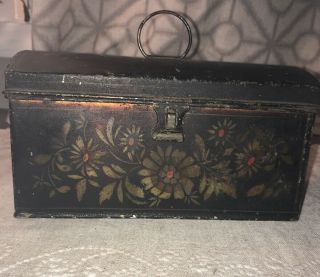 Antique 1800’s Tin Toleware Document Deed Box Floral Stencil Early American