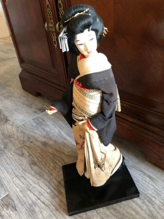 Japanese Vintage Geisha Doll Kimono 17” Wood Base Figurine Fabric Face