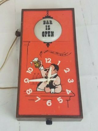 Vintage Spartus 6070 Orange " Bar Is Open " Lighted Wall Clock Made In Usa A3