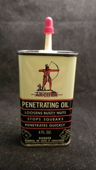 Vintage Archer Household Oil Handy Oiler 4 Oz Metal Oil Can Gas Sign -