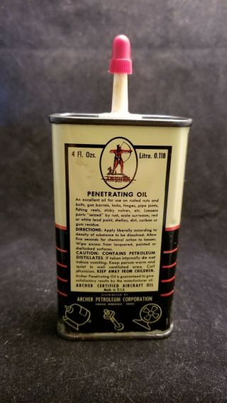 Vintage ARCHER Household Oil Handy Oiler 4 Oz Metal Oil Can Gas sign - 3