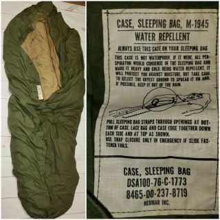 Vintage Us Military Down Mountain Mummy Sleeping Bag M - 1949,  Case M1945,  Wp Bag