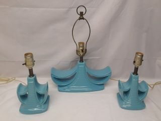 Set Of 3 Vintage Mid Century Modern Gonder - Elgee Pottery Lamps Turquoise Blue