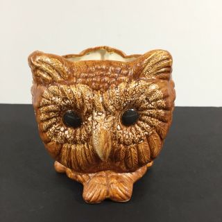Vintage Mid Century Modern Brown Owl Ceramic Planter Vase Big Eye 3 Face 5.  25 "