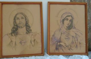 Framed Set Vintage Sacred Heart Jesus & Immaculate Heart Of Mary Religious