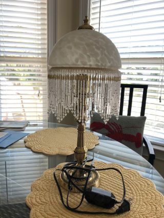 Vintage Brass Lamp With Frosted Glass And Beaded Fringe And Dimmer Switch