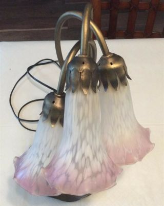 Tiffany Style Metal Lily Pad Lamp With 3 Mauve Frosted Tulip Glass Shades