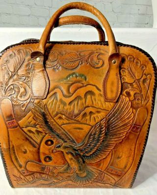 Vintage Tooled Leather Bowling Bag Brown