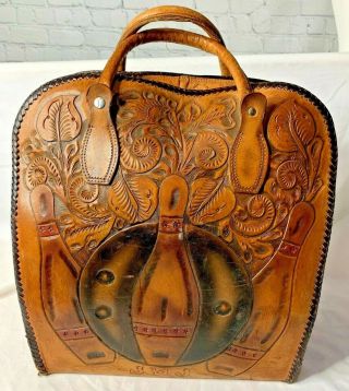 Vintage Tooled Leather Bowling Bag Brown 2