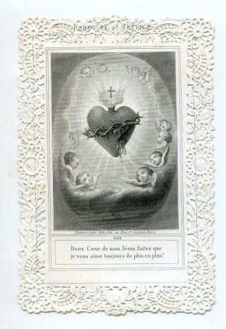 Heart Of Jesus French Antique Holy Prayer Card Paris Lace Canivet Xixth