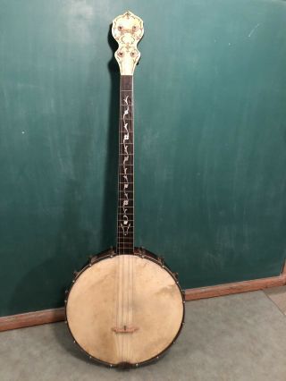 Vintage Antique American 4 String Banjo - Fancy Inlay Open Back Supertone Carved