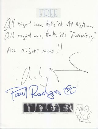 Handwritten Lyrics All Right Now By Andy Fraser & Signed By Paul Rodgers,  1