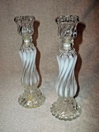 Vintage Avon Clear Glass With White Swirls Candlestick Holders Set