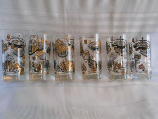 6 Vintage Heavy Highball Glasses Mid Century Gambling Theme Black And Gold