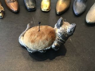 Metal Cat Antique vintage sewing Pin Cushion And 8 Shoes Boots High Heels 3