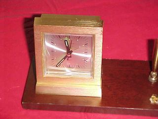 1960 ' s BULOVA Weather Station Desk Alarm Clock/ Thermometer wood base made Japan 2