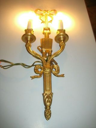Vintage Ornate Brass Double Candle Wall Sconce Electric Lamp Light Bow 18 " X6 1/2