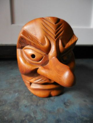 Vintage Japanese Wood Carved Hinged Wooden Box Long Nose Tengu Demon God
