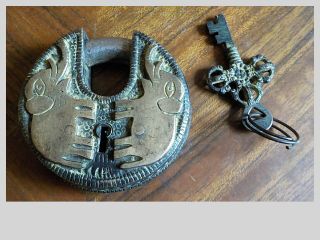Bronze,  Brass,  Steel Ornate Pad Lock And Key With Elephants Good