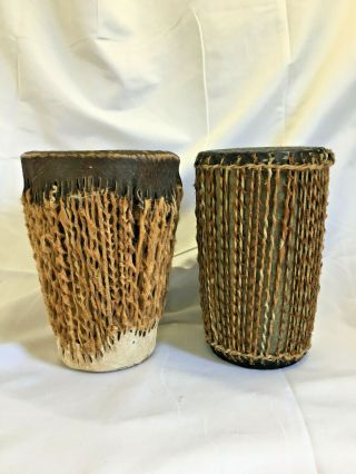 African Hand Drums Of Hide Goat Hair & Skin Primitive 8 " Tall Each
