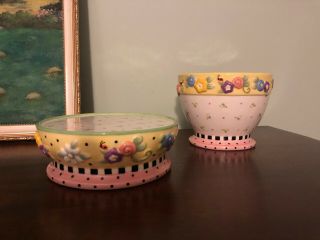 Set 2 Mackenzie - Childs Style Pillar Candle Holders Floral Dot Pink Yellow Green