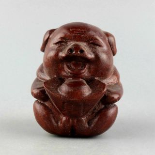 Collect Old Boxwood Hand - Carved Happy Pig & Gold Ingot Moral Auspicious Statue