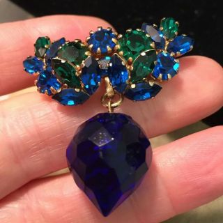 Vintage Jewellery Gorgeous Cobalt Blue & Emerald Green Crystal Pendant Brooch