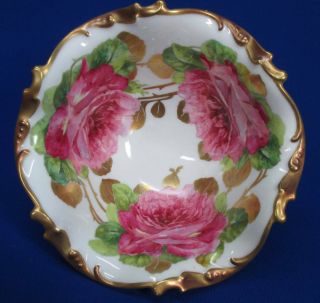 Hand - Painted Limoges Large Pink Roses & Heav Gold Bowl - Bailey Banks & Biddle
