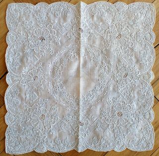 Antique Vtg Madeira White Fine Drawn Work Embroidery Wedding Handkerchief