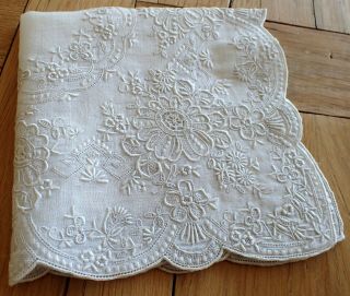 Antique Vtg Madeira White Fine Drawn Work Embroidery Wedding Handkerchief 2