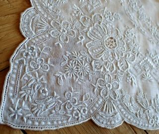 Antique Vtg Madeira White Fine Drawn Work Embroidery Wedding Handkerchief 3