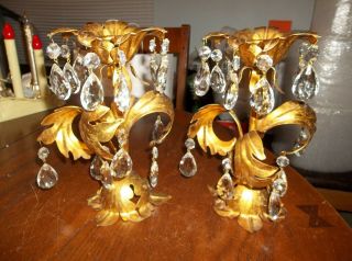 Pair Vintage Italian Tole Gold Gilt Candle Holders With Prisms