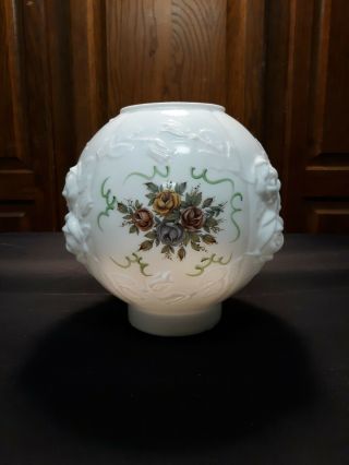 Vintage Hurricane Lamp Shade Round Embossed Floral Milk Glass 4 3/8 " Fitter