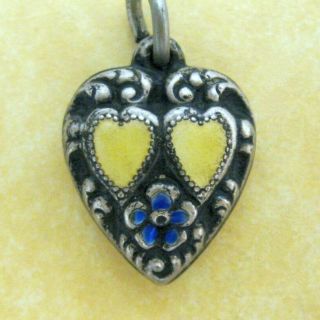 Vintage Sterling Enamel Puffy Heart Charm Yellow Blue Enamel Engraved Name Pearl