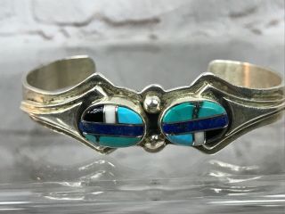 Vintage Navajo Sterling Silver Turquoise Multi Stone Inlay Cuff Bracelet Signed